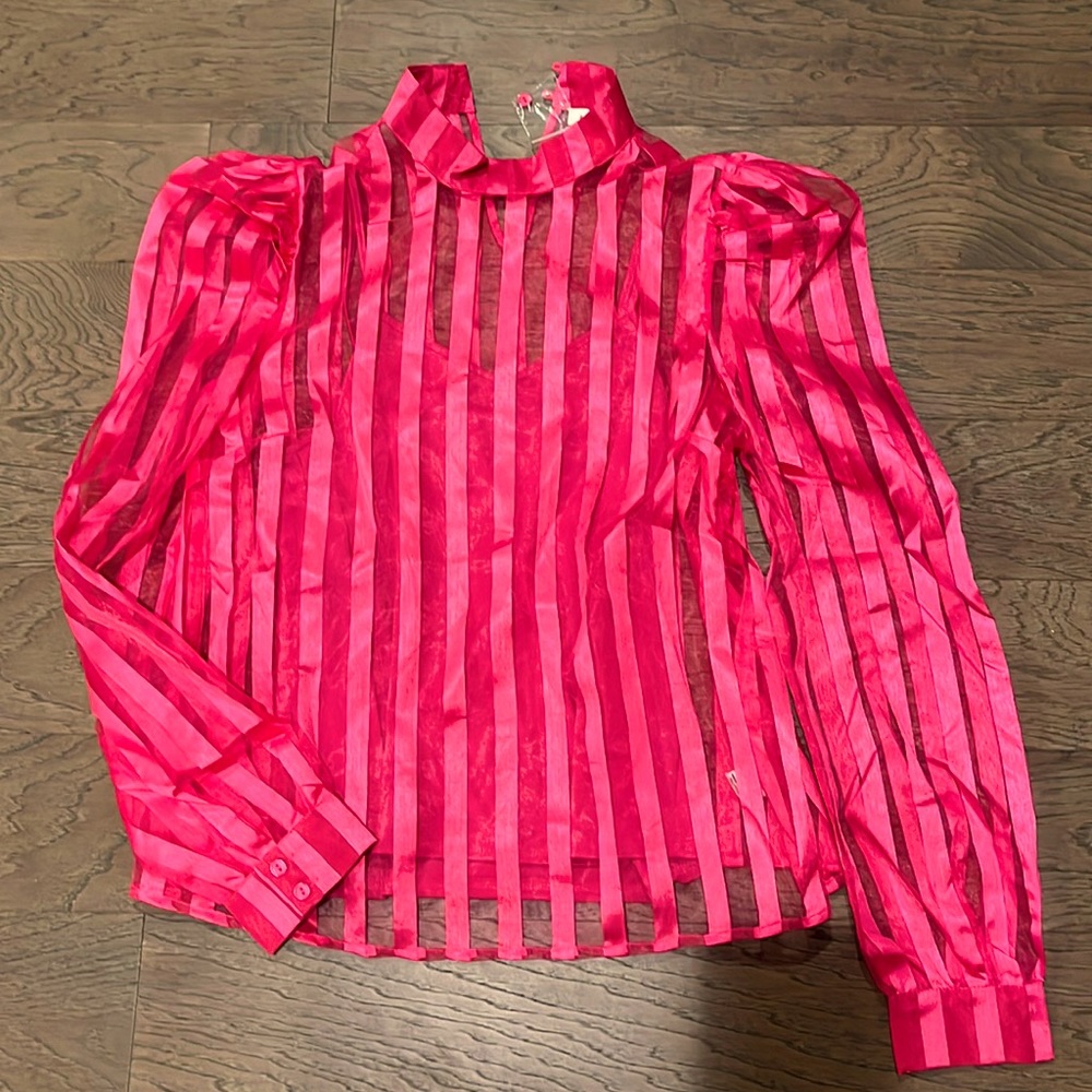 Mesh and satin striped blouse with detachable tank.